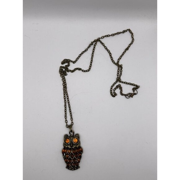 Antique Bronze-Tone Owl Pendant Necklace With Amber-Colored Eyes On Long Chain - Picture 1 of 3